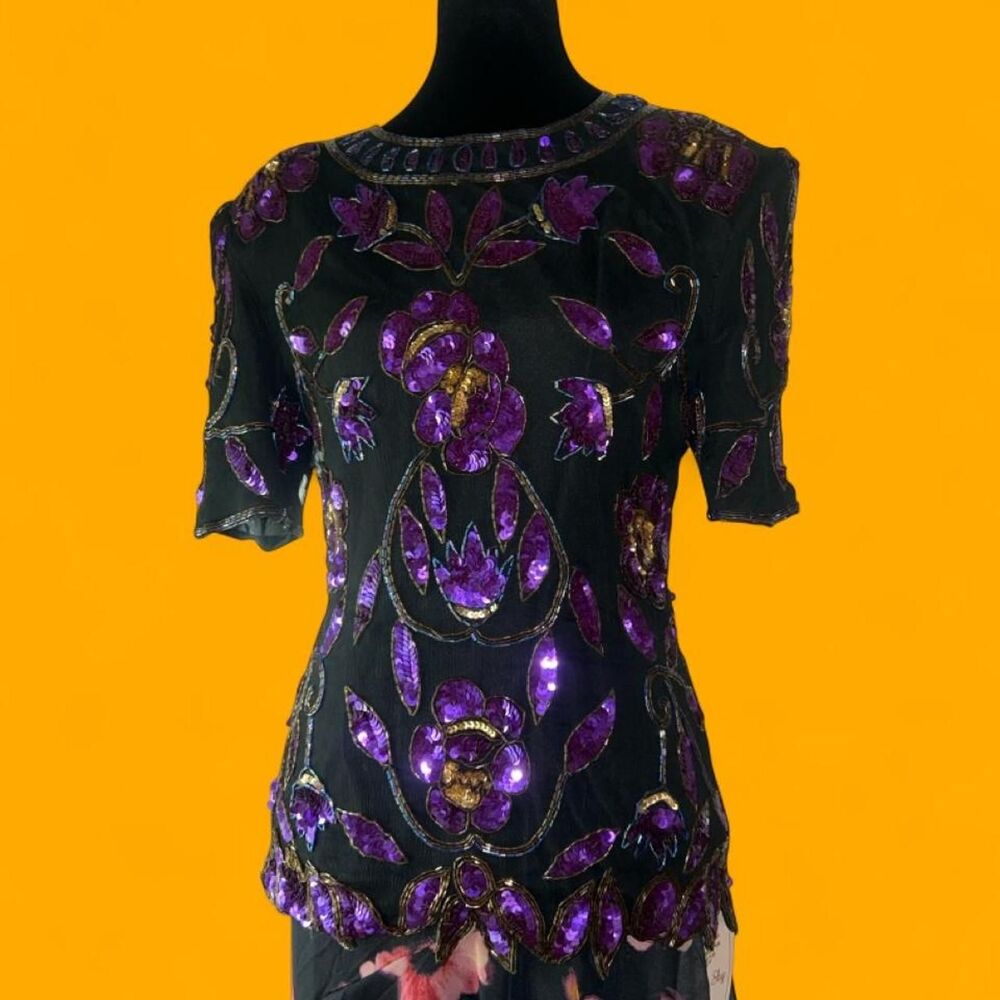 Purple Black Beaded Sequin Floral Embellished Top